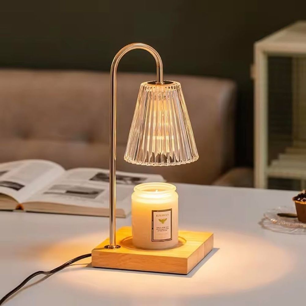 Elegant Candle Warmer Lamp w/Adjustable Brightness  Stylish Wood, Metal & Glass